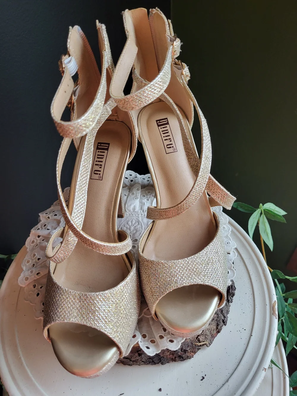 IDIFU Gold Glitter Platform Heels with Double Ankle Straps
